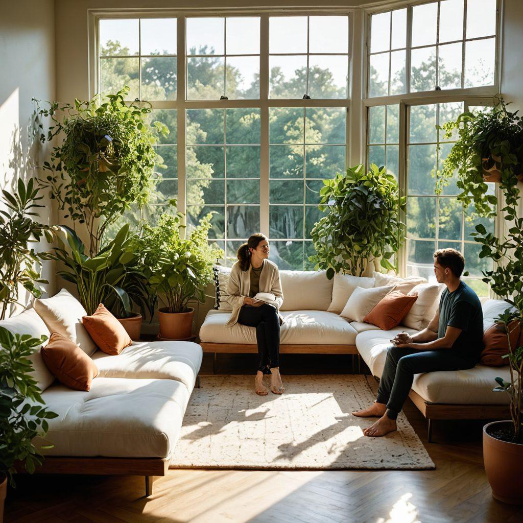 A serene and inviting space featuring two diverse individuals engaged in deep conversation, surrounded by soft pillows and lush greenery, with symbols of self-exploration like journals and plants subtly integrated into the scene. Warm, soothing colors dominate the palette, creating an intimate atmosphere, while sunlight filters in through large windows, casting gentle shadows. Artably designed to express both fun discussions and serious reflections. super-realistic. vibrant colors. soft focus.