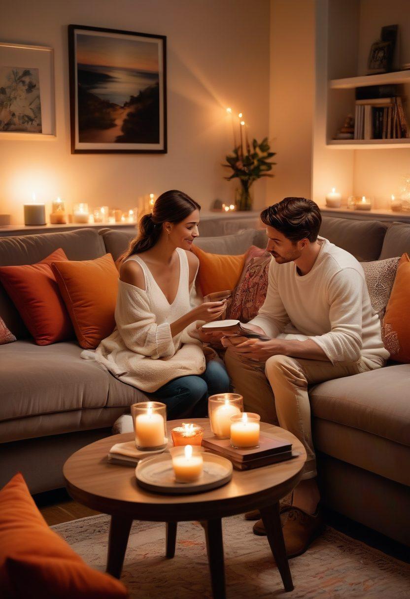 A warm and inviting scene depicting a cozy living room with a couple comfortably engaged in an open and heartfelt conversation. Soft lighting, plush cushions, and a small coffee table adorned with wellness books and a candle create an intimate atmosphere. Subtle representations of diverse adult lifestyles in the background art. Emphasize connection, honesty, and openness. soft and romantic. warm colors. cozy ambiance.