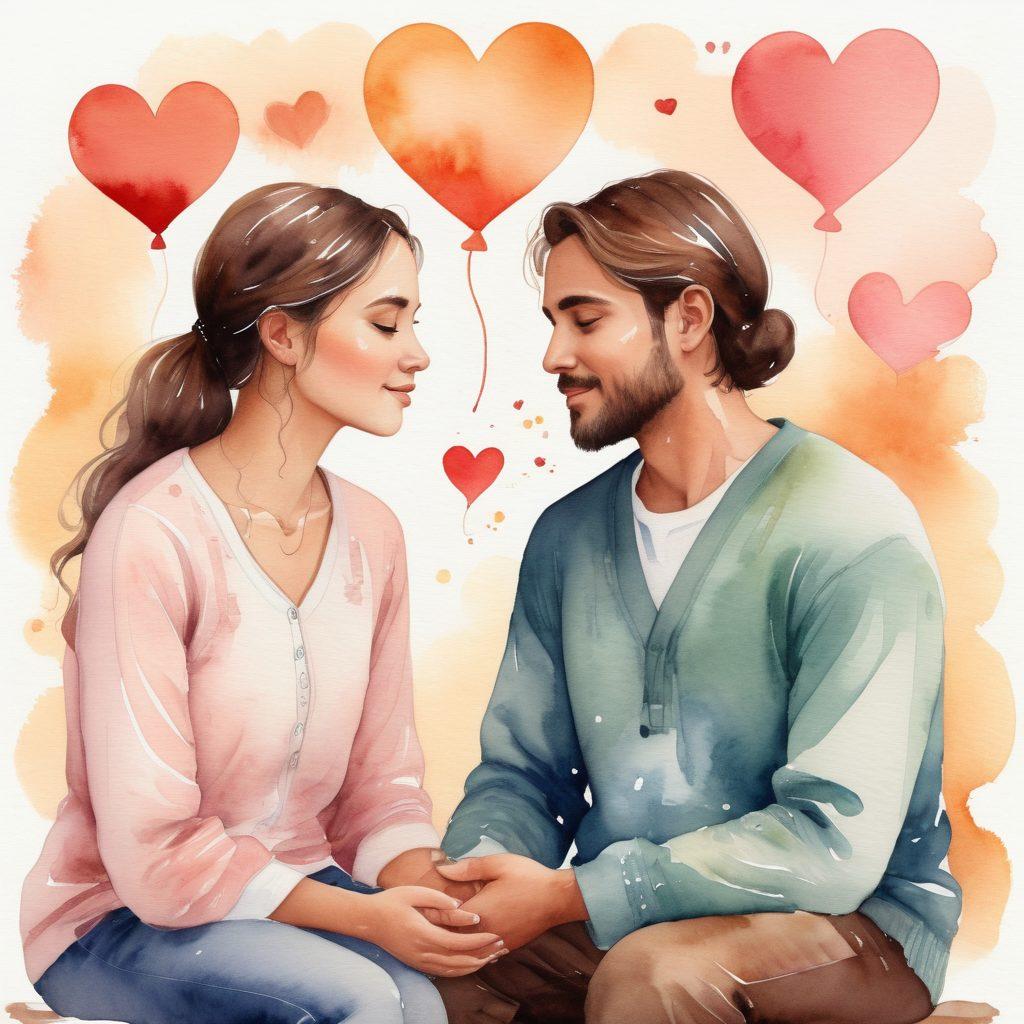 A serene setting depicting two diverse individuals engaged in a deep, heartfelt conversation, surrounded by symbols of love and health like hearts and medical icons. The backdrop features soft, warm colors to evoke a sense of openness and trust. Incorporate elements like speech bubbles filled with positive words about communication and connection. Emphasize feelings of empathy and understanding through facial expressions. Illustration style: watercolor with gentle brush strokes.